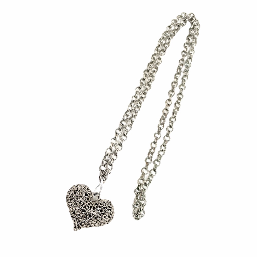 Heart and Flowers Necklace, Silver Tone
